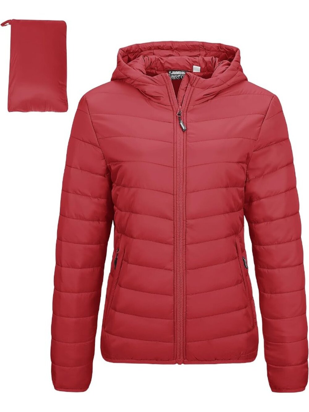 Womens Red Solid Packable Hooded Full-Zip Warm Winter Quilted Puffer Jacket